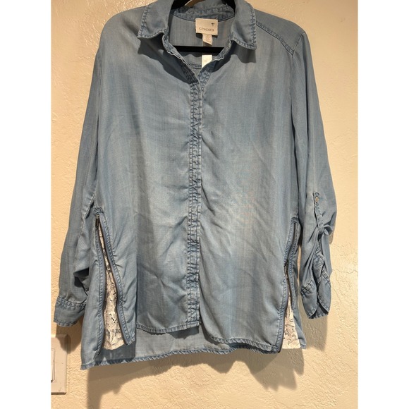 Chico's Tops - Chicos Blue Lyocell Chambray Shirt Side Zipper Lace Inset Roll Tab Sleeve Size 2